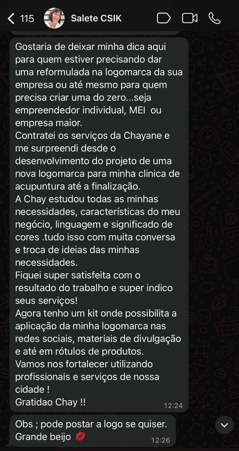 Depoimento de Salete Csik sobre a nova logomarca da clínica de acupuntura